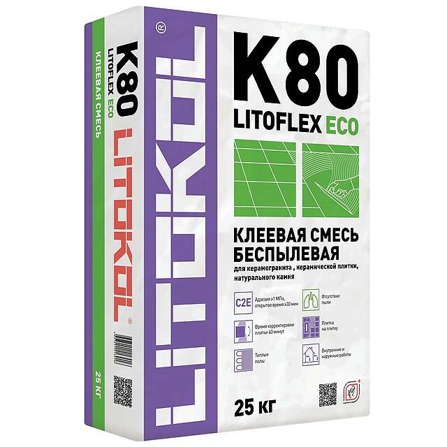 Беспылевая высокоэластичная клеевая смесь LITOFLEX K80 ECO, 25кг