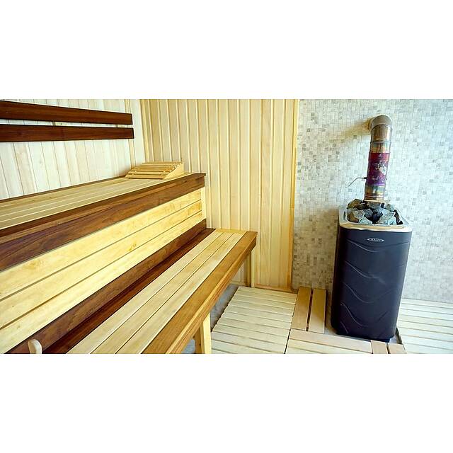 Хаммам из бежевой мозаики и сауна из серой мозаики