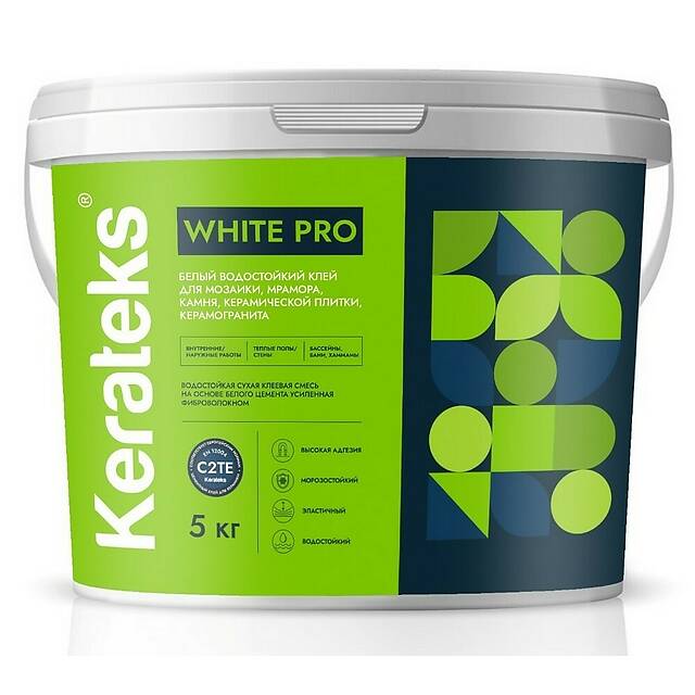 Влагостойкий клей для мозаики, керамической плитки и керамогранита Kerateks White Pro, 5кг